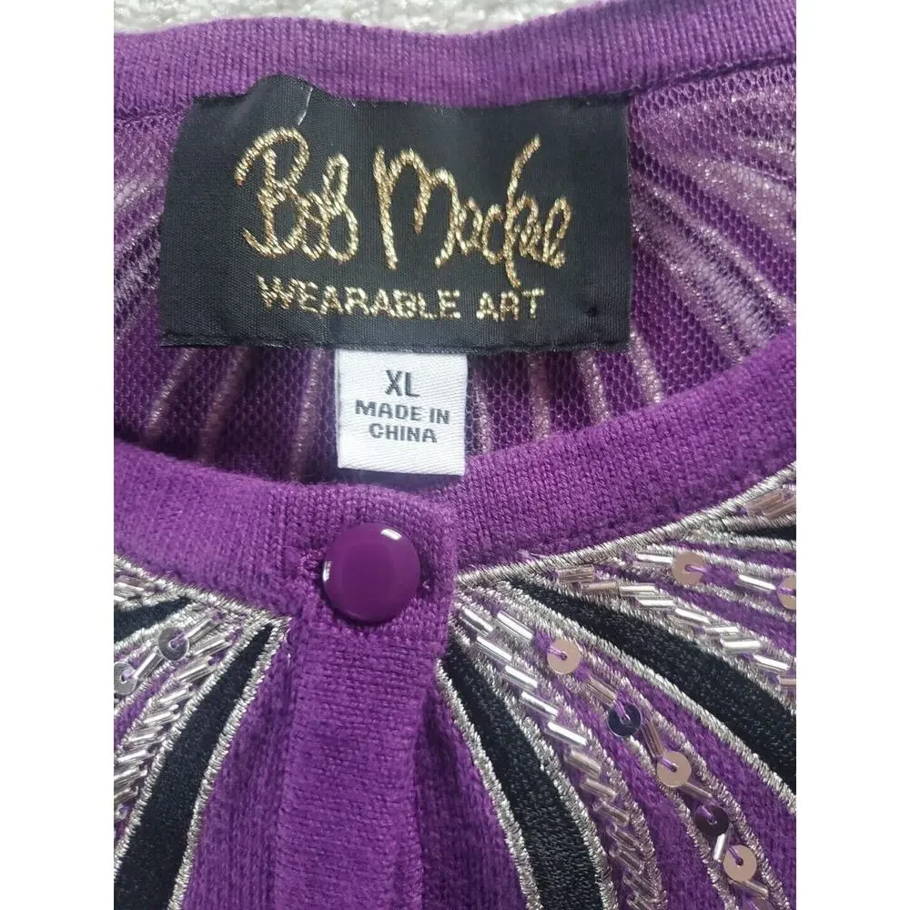 Bob Mackie Wearable Art XL Purple Sequined 3/4 Sleeve Buttons Cardigan Sweater